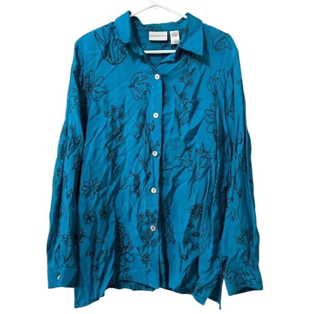 Alfred Dunner Button Down Women Shirt Size 18 Floral Embroidered Rayon Blend‎